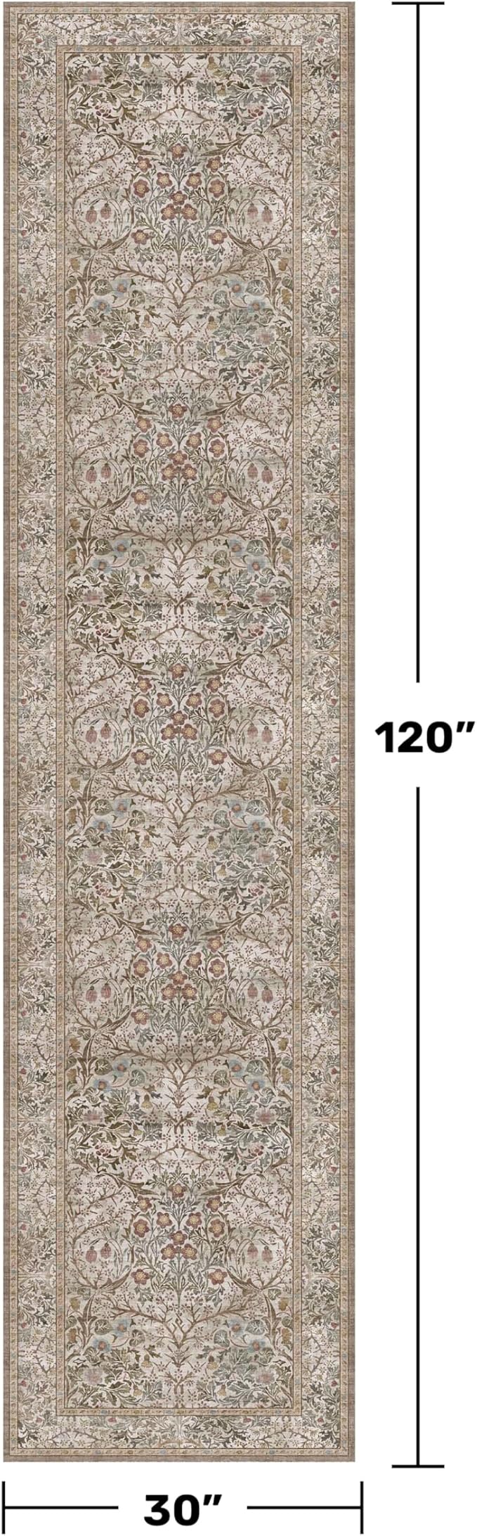 Moss Green 2'6" x 10' Long Runners for Hallways Non Slip, Vintage Washable Rugs for Kitchen, Entryway Stain Resistant with Rubber Backing - Vintage Taupe Brown Floral Décor