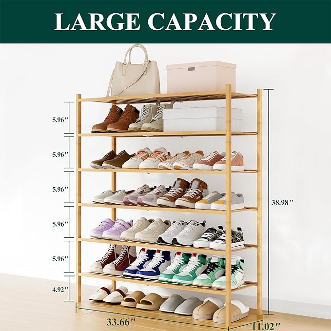 Smiry Shoe Rack, 6 Tier Long Bamboo Shoe Organizer, Stackable Free Standing Wooden Shoe Storage Shelf for Closet, Entryway, Front Door Entrance, Natural