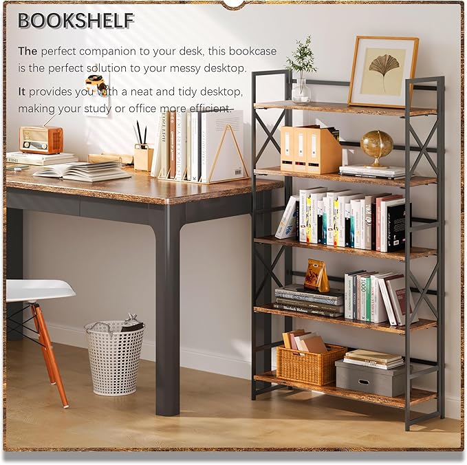 4NM Extra Wide 5 Tiers No Assembly Book Shelves, 51.2" H Folding Bookshelf Bookcase Open Industrial Foldable Shelves for Bedroom, Living Room, Home Office - Rustic Brown Black