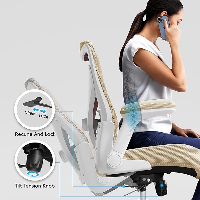 Office Home Ergonomic Desk Chair-Computer X-Shaped Chair Mesh PU Leather with Adjustable Lumbar Support-Executive Chair High Back Flip-Up Arms for Long Hours (Khaki-No Headrest)