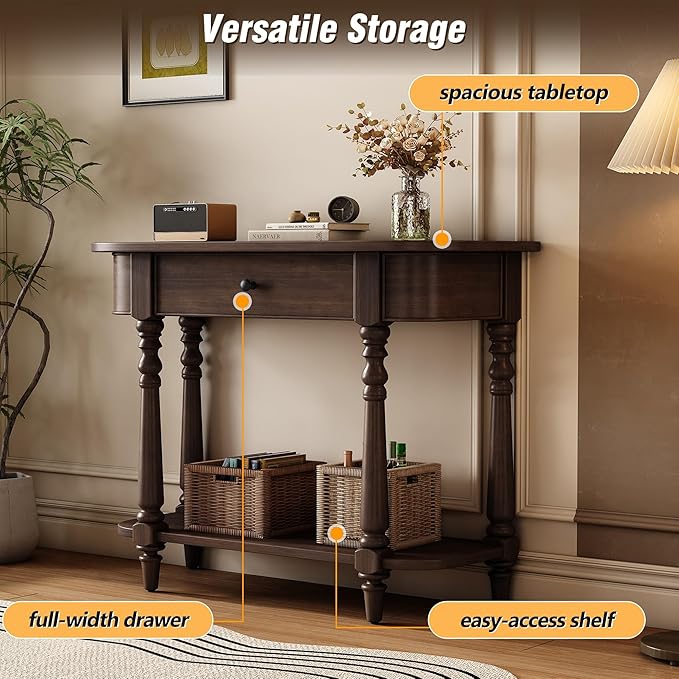 HMFULE Retro Curved Console Table, 36" Solid Wood Half Moon Console Table Sofa Table Entryway Table with 1 Drawer 1 Open Shelf Roman Legs Curved Corners for Living Room,Entryway,Hallway,Espresso