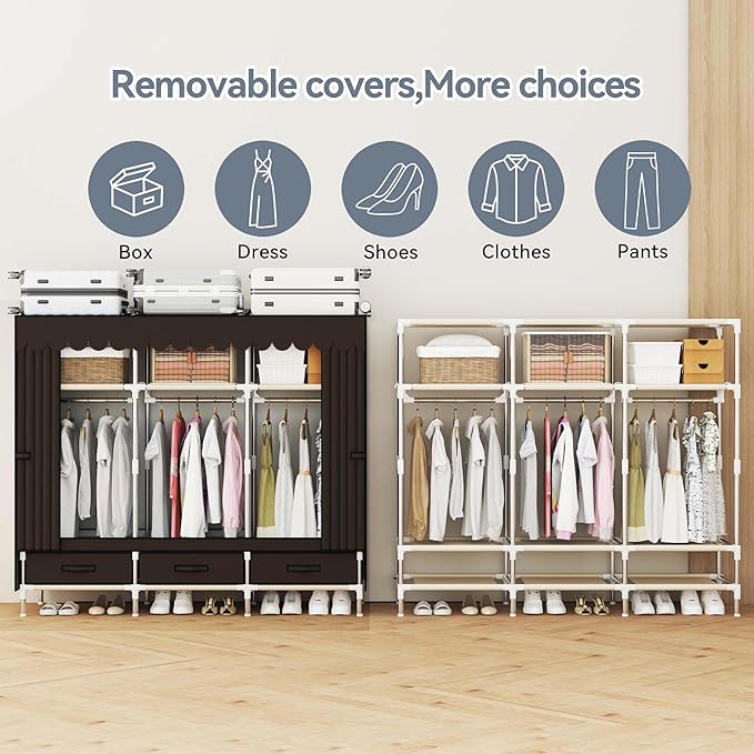 Portable Wardrobe Closet Durable and Easy to Assemble Heavy Duty Clothes Rack with Non-Woven Cover Fabric Best for Bedroom and Easy Storage and Organization (Brown-A)