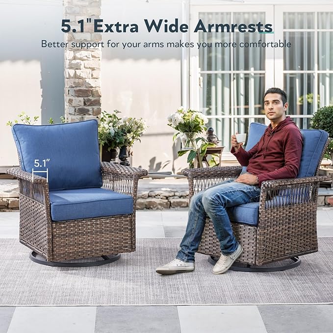 Outdoor Swivel Glider Chairs Set of 2 - Hollow Widen Armrests Wicker Patio Furniture Set, Comfortable High Back Outside Swivel Rocker for Balcony Porch Deck and Yard - Brown/Blue