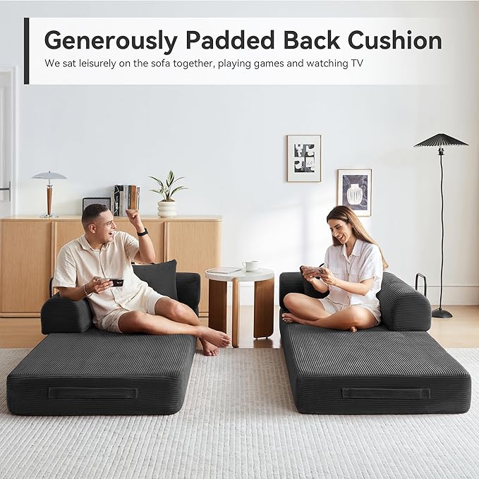 Convertible Sleeper Sofa Bed with Cylindrical Pillow, Comfy Foldable Sofa Bed Compressed Sofa in Box, Floor Sofa Lounge Couch for Living Room Bedroom Lounge Studio, Tool-Free Assembly (Black)