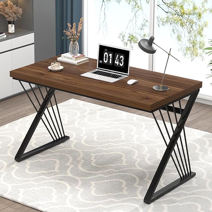 FOLUBAN Home Office Desks, Modern Wood and Metal Writing Study Work Table, Industrial Computer Desk for Bedroom Living Room, Rustic Walnut, 47 Inch