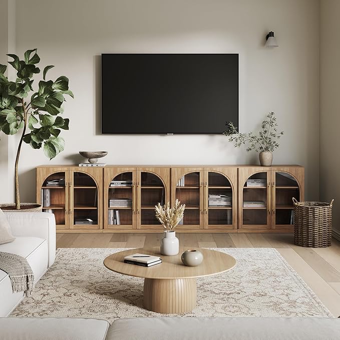 BELLEZE Set of 4 Modular Sideboard with Arched Glass Door, Accent Display Buffet Cabinet with Storage and Adjustable Shelves,Classic Modern Credenza for Dining Room Living Room Entryway (Camel)