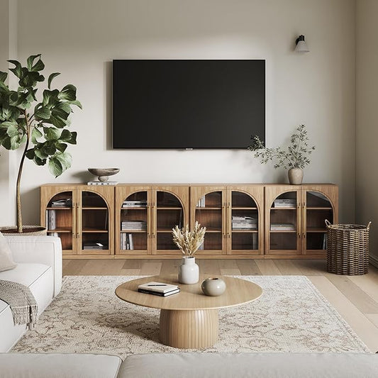 BELLEZE Set of 4 Modular Sideboard with Arched Glass Door, Accent Display Buffet Cabinet with Storage and Adjustable Shelves,Classic Modern Credenza for Dining Room Living Room Entryway (Camel)