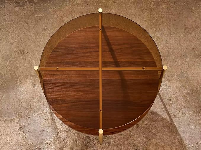 Shrine Round Glass Coffee Table, Mid-Century Modern Design, D30 x H17 in, 2-Tier Structure, Amber Glass Top and Walnut MDF Shelf, Sleek Conical Metal Legs with Gold Finish