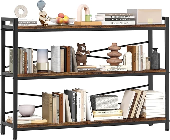 3 Tier Bookcase 47.24" Width, Long Industrial Book Shelf, Vintage Wooden Large Book Shelf for Home Living Room Bedroom Office Storage(Vintage)