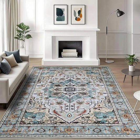 WILLSUN Washable Area Rugs, 6x9 Non-Slip Boho Large Area Rugs for Living Room, Bedroom, Machine Washable Vintage Rug, Indoor Floral Print Carpet for Home Decor, Kid & Pet Friendly Mat