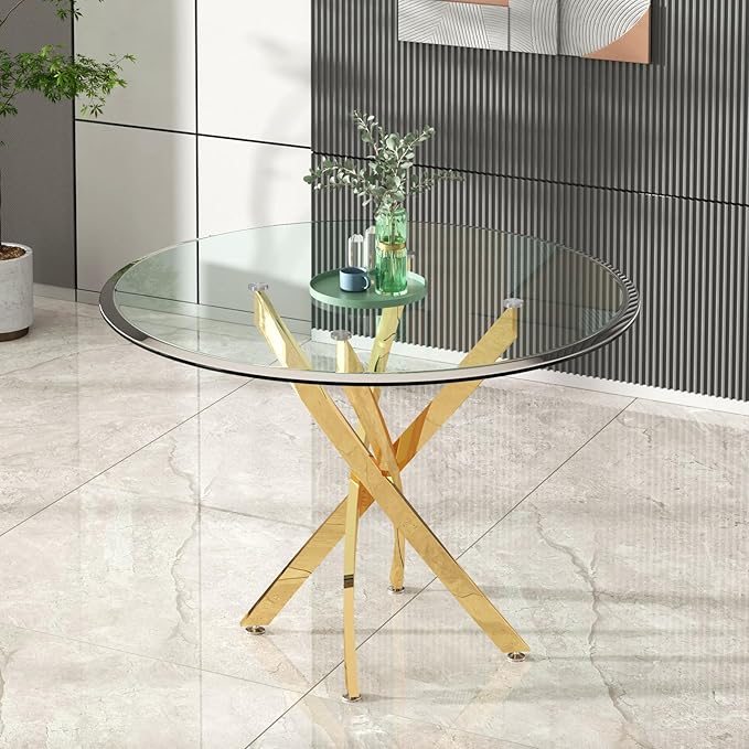 Goujxcy 3 Piece Round Glass Dining Table Set for 2, 36" Round Dining Table & Chair Set Modern Circle Glass Kitchen Table and 2 Velvet Upholstered Chairs for Kitchen Dining (Gold Table & Green Chair)
