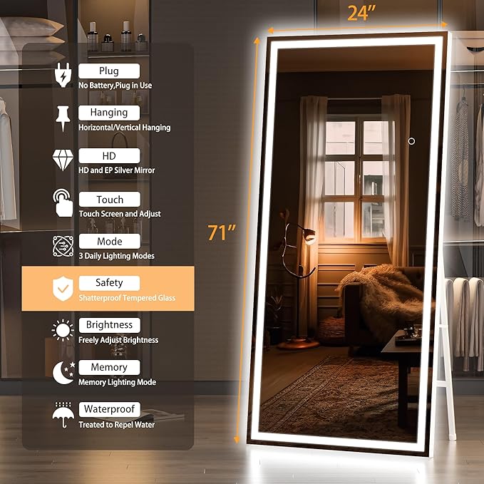 Hasipu Full Length Mirror with Lights, 71" x 24" LED Lighted Floor Standing, Full Body Dressing Hanging Mounted Mirror, Dimmable, Tempered Glass, Safe to Use, Square White