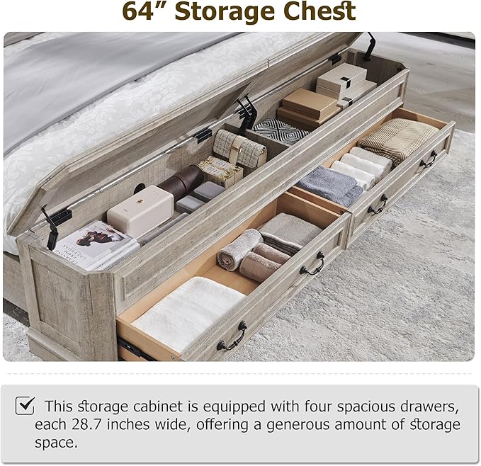 T4TREAM Farmhouse Queen Bed with Headboard and Storage Bench, Rustic Wood Platform Bed with 64" Storage Chest w/ 4 Large Drawer, Light Rustic Oak