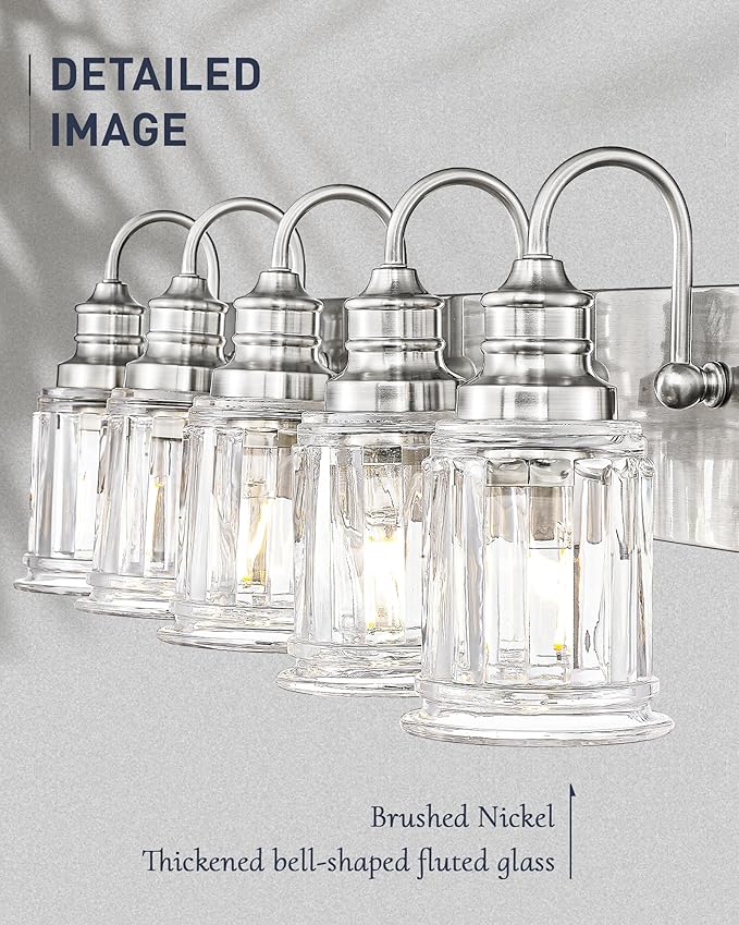 Bathroom Light Fixtures, HWH 5-Light Vanity Light, Modern Brushed Nickel Wall Lighting Over Mirror, Bell-Shaped Striped Glass, 5HZG106B-5W BN