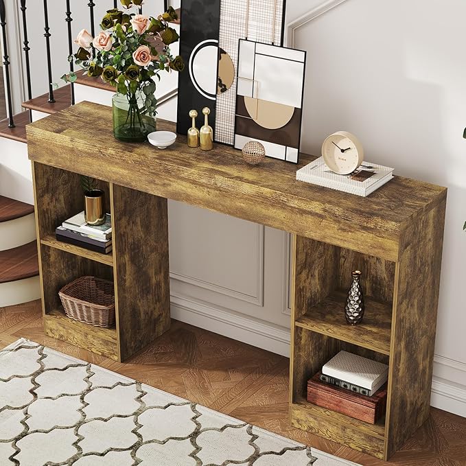 55 Inches Console Table,4 Cubes Narrow Entryway Table,3 Tier Wood Behind Couch Sofa Table,TV Console with Storage for Living Room,Hallway,Entrance,Foyer (Bright Brown)