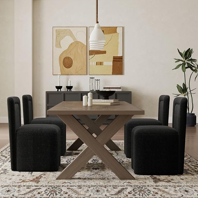 Black Upholstered Dining Chairs Set of 6, Armless Modern Sherpa Dining Chairs with High Back, Kitchen Chair for Dining Room/Restaurant/Living Room