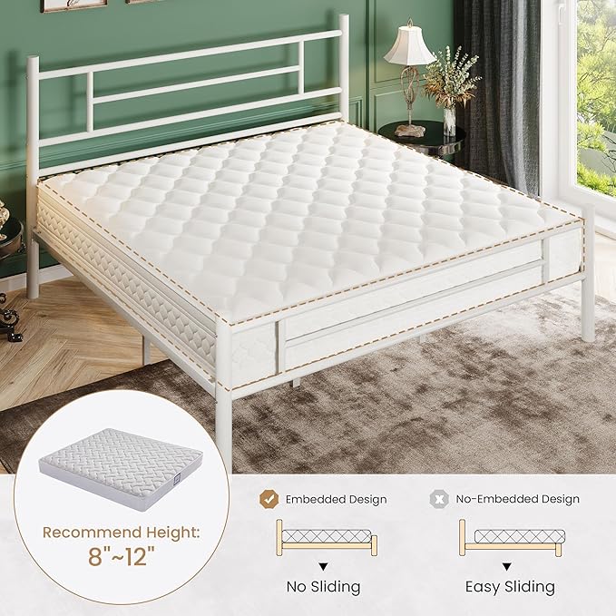 SHA CERLIN 14 Inch King Size Metal Bed Frame with Iron-Art Headboard and Footboard,Under Bed Storage Space,Platform Bed with Metal Slats Support,Easy Assembly,Noise Free,No Box Spring Needed,White