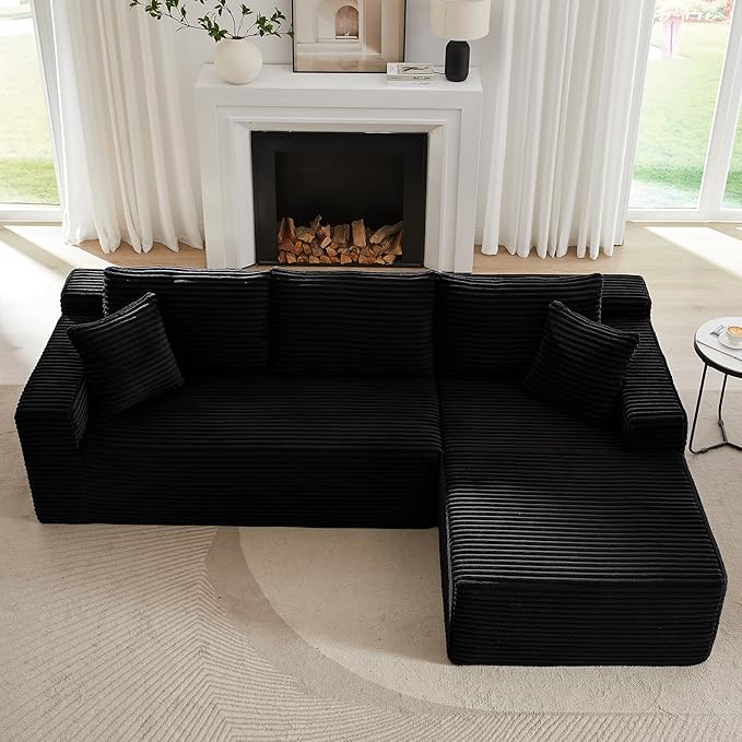 104 Inch Cloud Sectional Couch with L-Shape Chaise,Modern Upholstered Couches with Deep Seat,Corduroy Sponge Compressed Sofa for Living Room, Bedroom,No Assembly Required(Black)