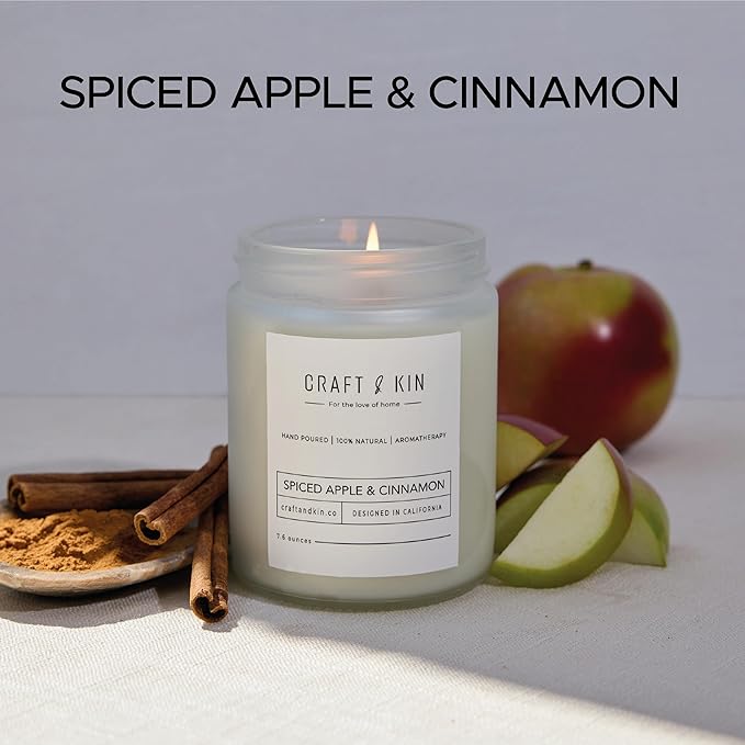 Craft & Kin Apple and Cinnamon Christmas Scented Candles | 8 Oz, 45-Hour Long Lasting | Classic Soy Winter Candle with Wood Wick | Made with Natural Soy | Holiday Candles Gifts for Men and Women