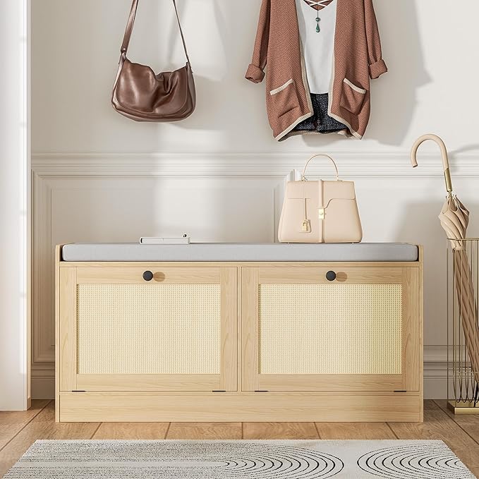 MHOM Rattan Shoe Bench for Entryway, Hallway and Bedroom - Boho Bench with Storage Cabinets and Seat Cushion - Wooden Storage Bench Fits up to Size 16 - Natural Oak
