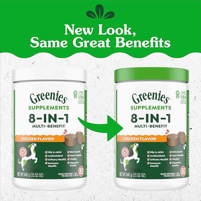 Greenies Dog Supplements 8-in-1 Multi-Benefit Chicken Flavor, 15.5 oz. Container, 80 Count