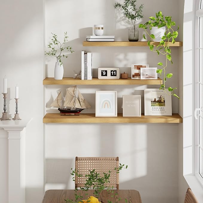 Fun Memories Floating Shelves for Wall, 48 x 9.3 Large Floating Shelf Wall Mounted Set of 2, Rustic Wood Shelves for Bathroom, Kitchen, Living, Heavy-Duty Storage Deep Shelf for Books, Decor, Oak