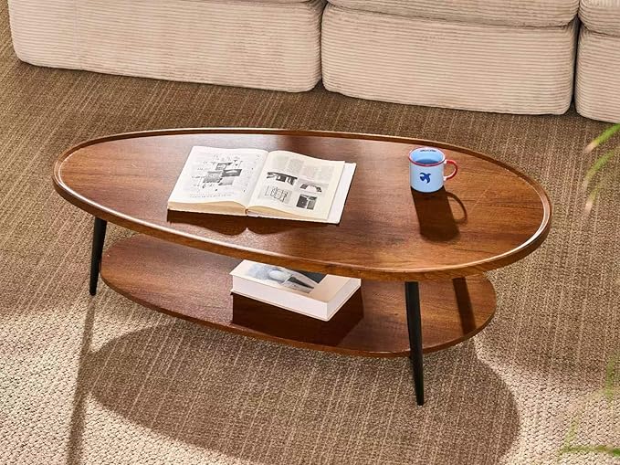 Shrine Oval Coffee Table, Mid-Century Modern Coffee Table, Brown Walnut Wood Table for Living Room, D47''x W23.6''x H15'', Sleek Conical Metal Legs with Black Finish