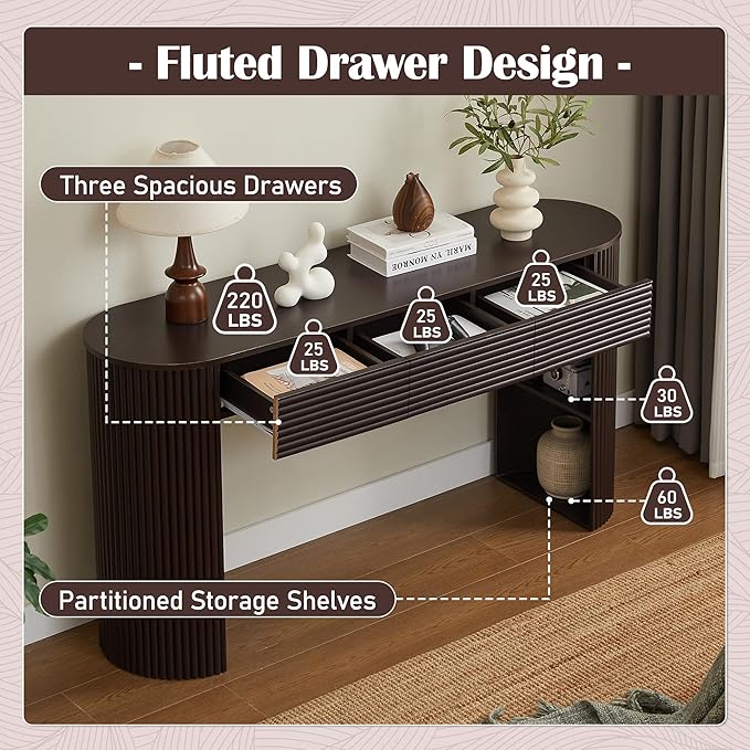 Merax Modern Retro Entryway Table, Rounded Console Table with3 Drawers and Open Hidden Storage for Living Room, Hallway and Office, Espresso