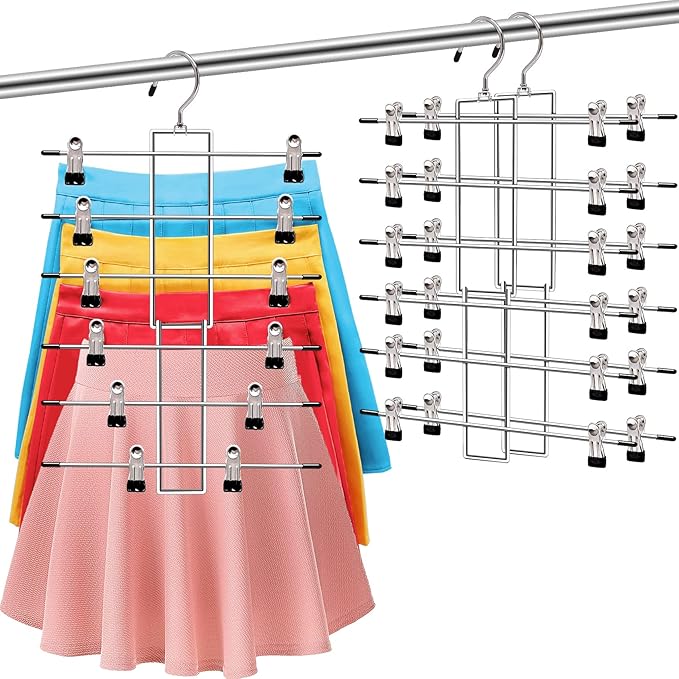 Closet Organizers and Storage, 6 Tier Storage and Organization Pants Hangers Space Saving, Metal Skirt Hangers with Adjustable Clip, 360° Swivel Hook, Dorm Room Essentials for College Students Girls