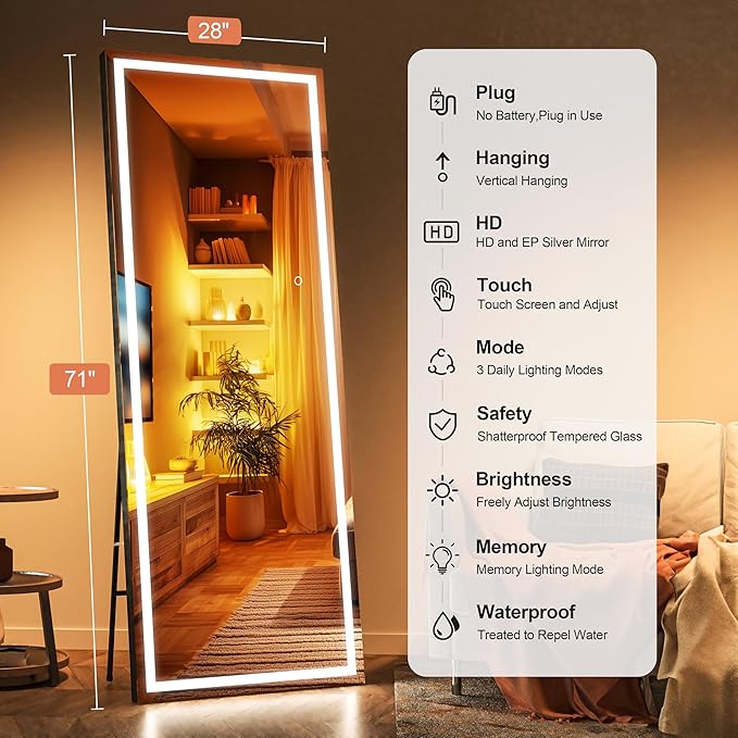 Full Length Mirror with Lights, 71" x 28" LED Lighted Floor Standing Mirror, Tempered Glass, Square Black