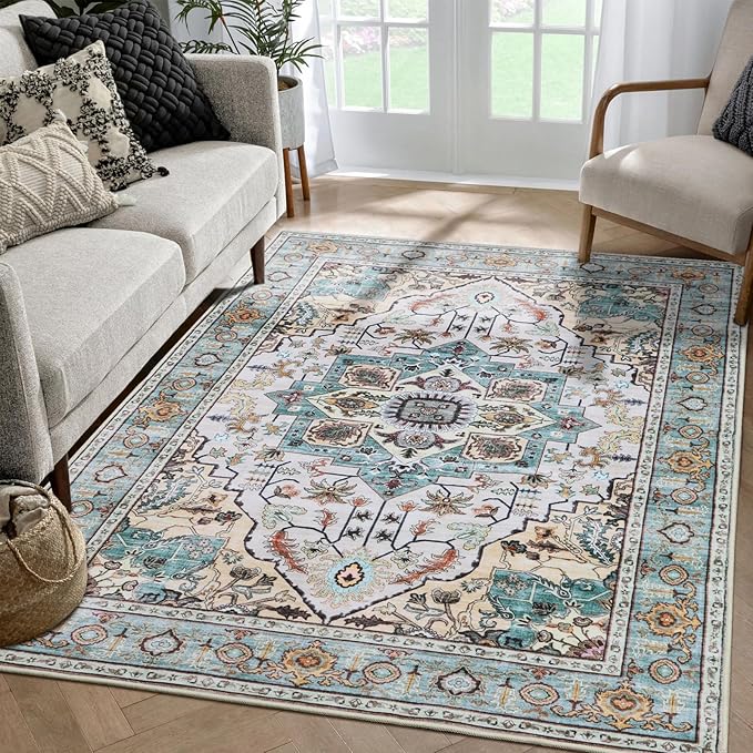WILLSUN Washable Area Rugs, 4x6 Non-Slip Boho Large Area Rugs for Living Room, Bedroom, Machine Washable Vintage Rug, Indoor Floral Print Carpet for Home Decor, Kid & Pet Friendly Mat