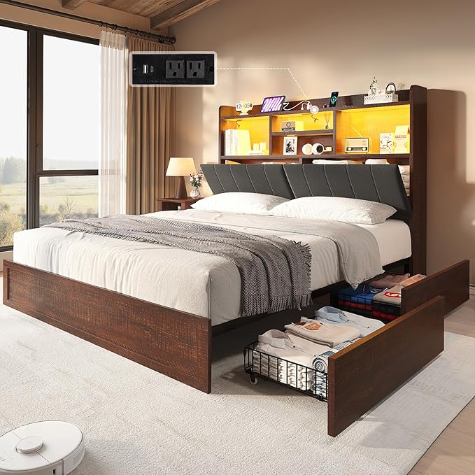 King Farmhouse Bed Frame with Bookcase Headboard and 4 Drawers, LED Storage Bed with Charging Station & Linen Upholstered, No Box Spring Needed, Reclaimed Barnwood