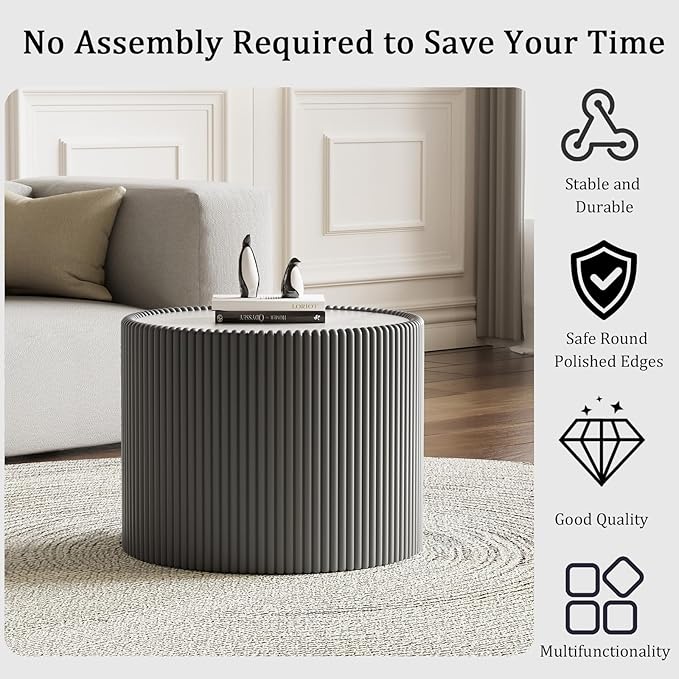 Round Coffee Table Set with Sintered Stone Tabletop, 29.52" Grey Drum Center Table and 17.71" Grey Coffee Table Set, 2 Pieces Living Room Table Set with Fluted PU Leather Cover& Stable Base