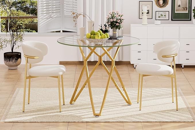 35.4" Round Dining Table for 4, Modern Clear Glass Kitchen Table for 4 with Gold Metal Legs, Compact Small Circle Dining Room Leisure Tables for Kitchen Apartment