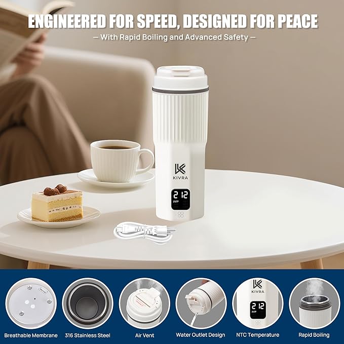 KIVRA Travel Kettle-316 Stainless Steel Portable kettle, 450mL Portable Water Boiler with 6 Temperature Control, Auto Shut Off & Boil Dry Protection, Small Electric Kettle for Global Use (100-240V)