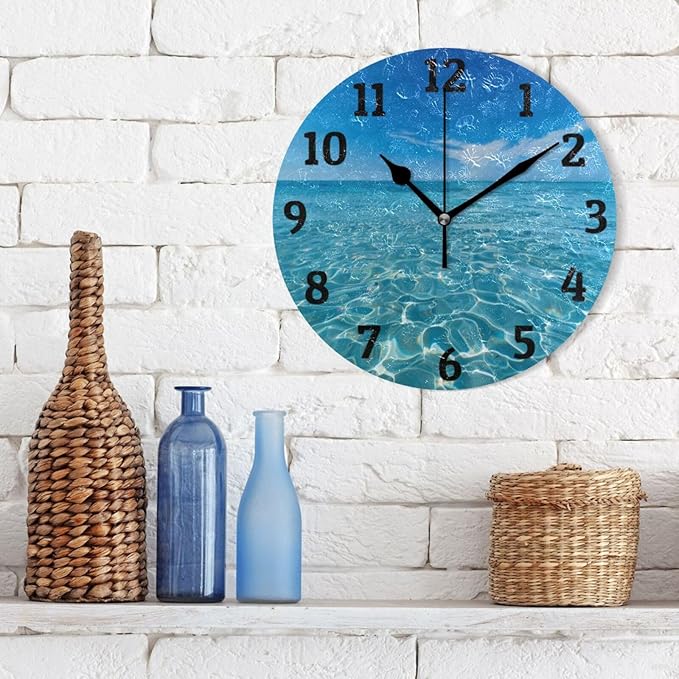 Wall Clock Blue Sky and Sea Silent Non Ticking Wall Clock Decorative Battery Operated Wall Clocks for Home Kitchen Bedroom Living Room Office