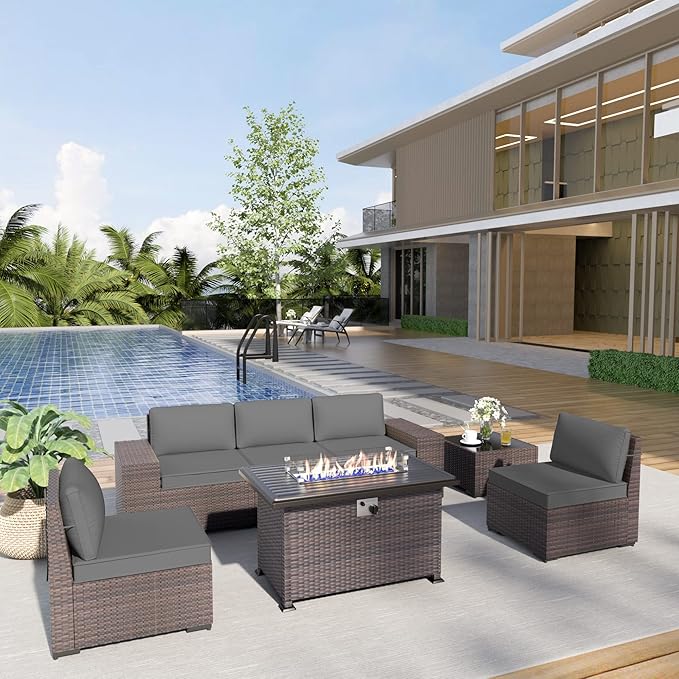 Kurapika 7 Pieces Patio Furniture Set, Rattan Outdoor Conversation Sets w/43in Propane Fire Pit Table and 4 Inch Cushion(Grey)