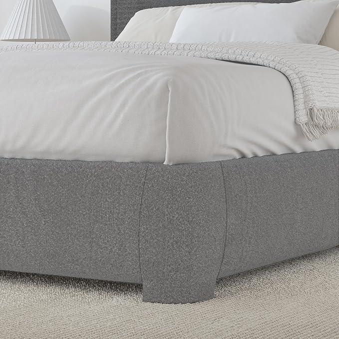 BarnFurin Full Size Bed Frame with Headboard, Boucle Upholstered Platform Bed Frame, Modern Style, Soft Rounded Corners, No Box Spring Required, Easy Assembly, Light Grey