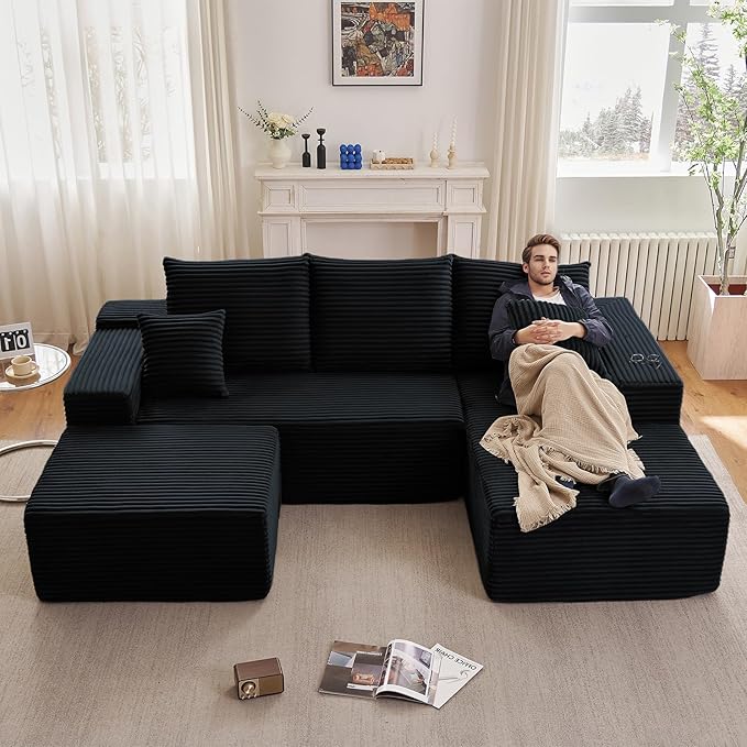 107" U-Shape Cloud Couch, Modern Modular Sectional Comfy L-Shape Sofa with Ottoman, Deep Seat, Upholstered Corduroy Sleeper Chaise Longue for Living Room Bedroom, No Assembly Required, Black