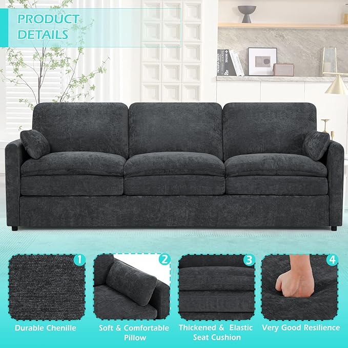 3 Pieces Chenille Sofa Set w/Arm Pillows, Upholstered 2 Pieces Loveseat & 3 Seater Sofa w/Comfortable Back Cushions, Modern 2-Seat & 3-Seat w/High-Density Foam for Living Room, Grey