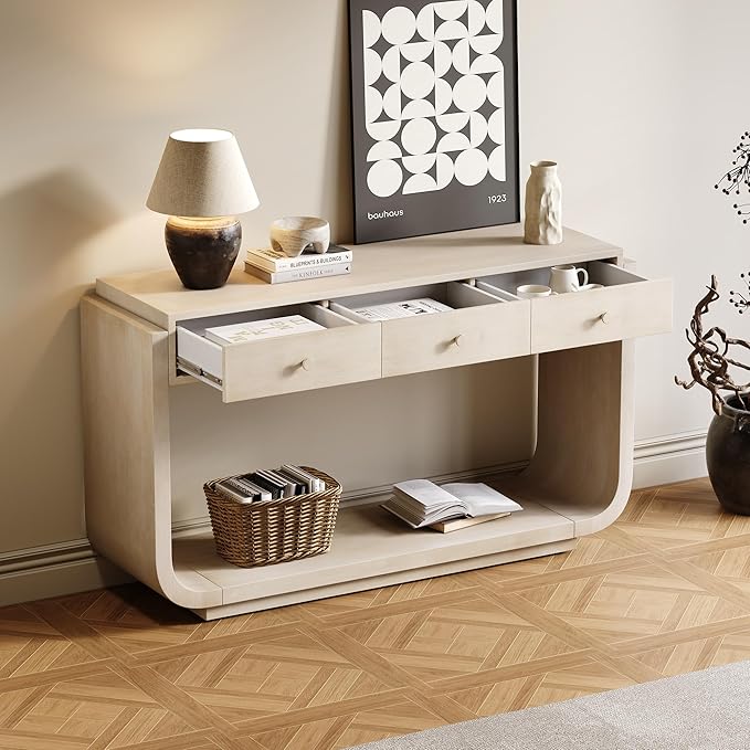 Merax 55" Entryway Table with 3 Drawers, Natural Wood Grain Finish Console Table with Fluted Design for Entryway and Living Room (Beige)
