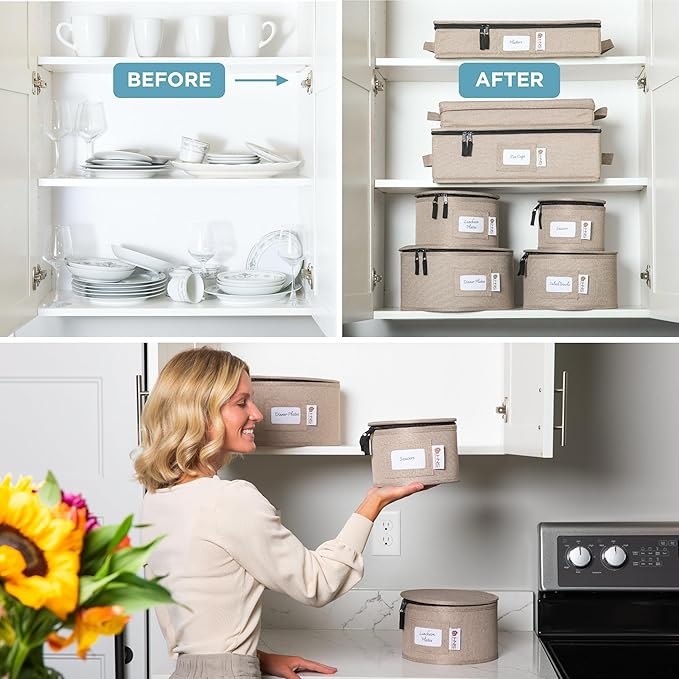 Hard Shell China Storage Containers 12-Piece Set Moving Boxes for Dinnerware, Glasses, Plates, Mugs and Saucers Sturdy Dish Organizer with Dividers for Seasonal Storage - Service for 12 - Brown