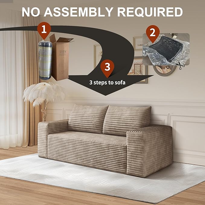 63" Corduroy Loveseat Sofa, 2-Seater Cloud Couch, Boneless Couch in a Box, Comfy Deep Seat Sofa with Memory Foam, Pillows and Wide Armrests, Modern Small Couches for Small Spaces, No Assembly (Camel)