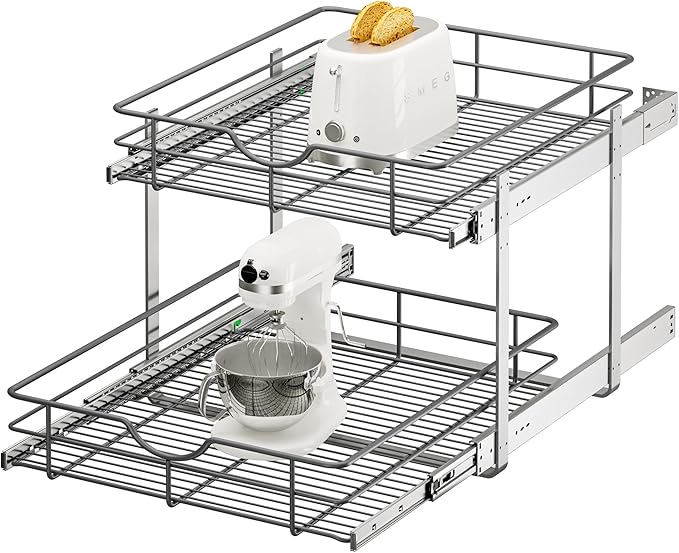 ALINE FURNITURE 2-Tier Pull Out Cabinet Organizer - 20" W x 22" D Soft Close Pullout Shelves with Shelf Liners - Slide Out Drawers for Kitchen Cabinets, Pantry, Bathroom, Heavy Duty Steel Wire Baskets