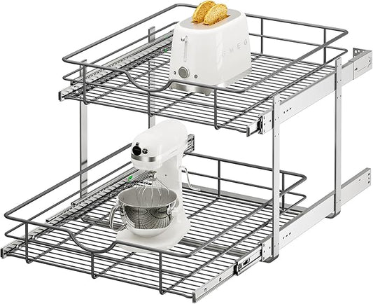 ALINE FURNITURE 2-Tier Pull Out Cabinet Organizer - 20" W x 22" D Soft Close Pullout Shelves with Shelf Liners - Slide Out Drawers for Kitchen Cabinets, Pantry, Bathroom, Heavy Duty Steel Wire Baskets