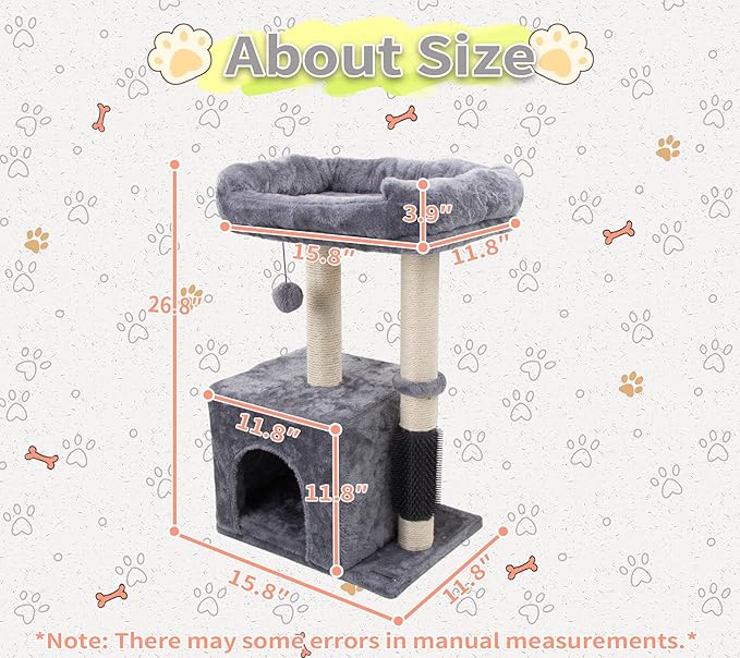 26.8" Small Cat Tree Tower,Cat Scratching Post for Indoor Cats,Featuring with Cat Cave & Cozy Perch,Cat Self Groomer and Interactive Dangling Ball Great for Kittens/Cats (Light Gray, Medium)