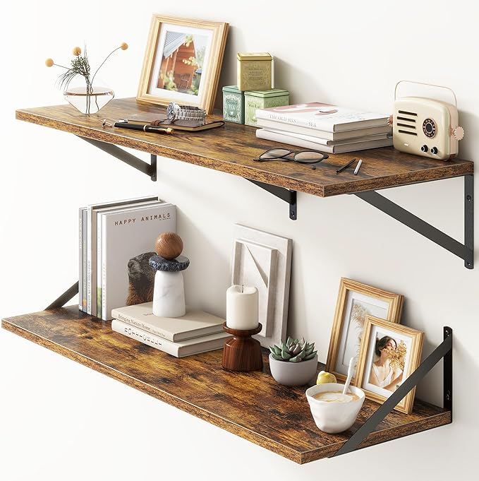 36"W x 12"D Floating Shelves, Deep Floating Shelves with Brackets, 12 Inch Deep Wall Shelves for Books, Wide Display Storage Shelves for Bathroom, Living Room, 36 Inch Long, Rustic Brown, Set of 2