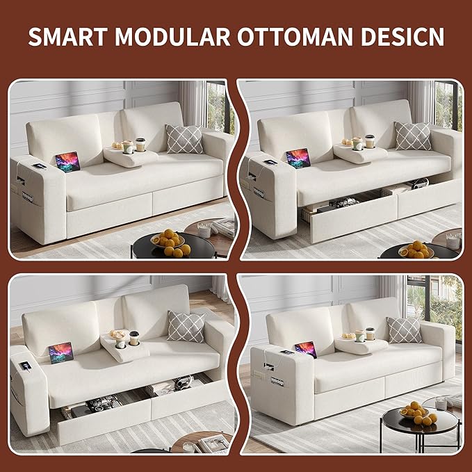 Maupvit 75” Loveseat Sofa with 2 Drawers, USB & Type-C Charging Port, Comfortable Linen Living Room Couch with Small Table Board, Upholstered Small Settee Fits Bedroom, Office,Beige