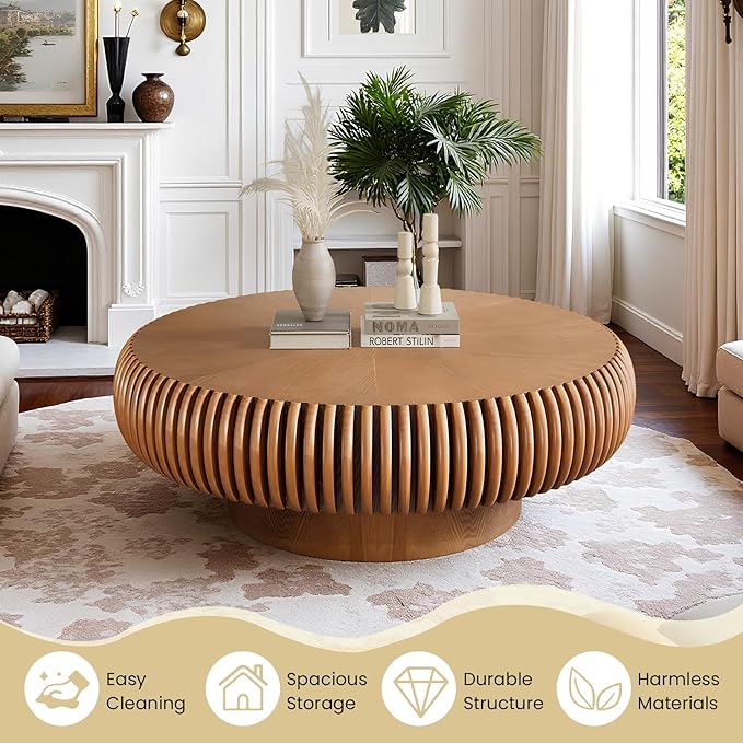 Fluted Round Coffee Table for Living Room 39.37" Modern Drum Coffee Table Mid Century Handcrafted Circle Wood Center Tables with Pedestal for Small Space Apartment (Brown)