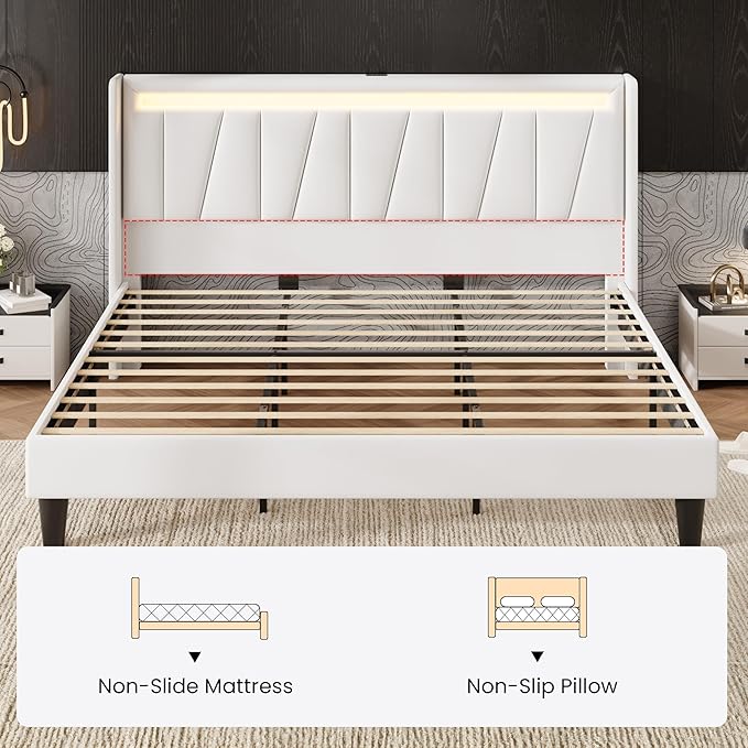SHA CERLIN King Size Bed Frame with Charging Station and LED Lights, Modern Velvet Platform Bed with Upholstered Geometric Wingback Headboard, No Box Spring Needed, Easy Assembly, White
